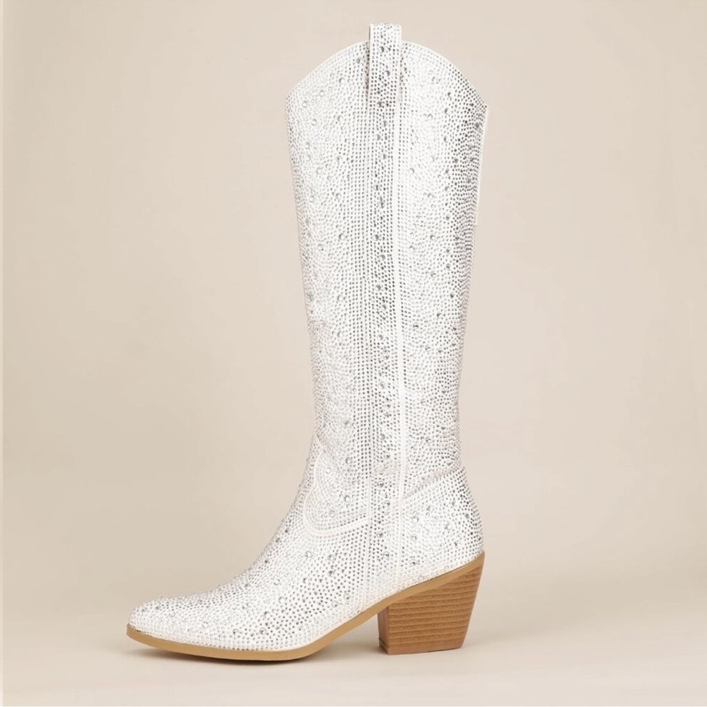 Women's White Rhinestone Cowboy Boot Knee High Western Cowgirl Boots Pointed Toe - Picture 4 of 6